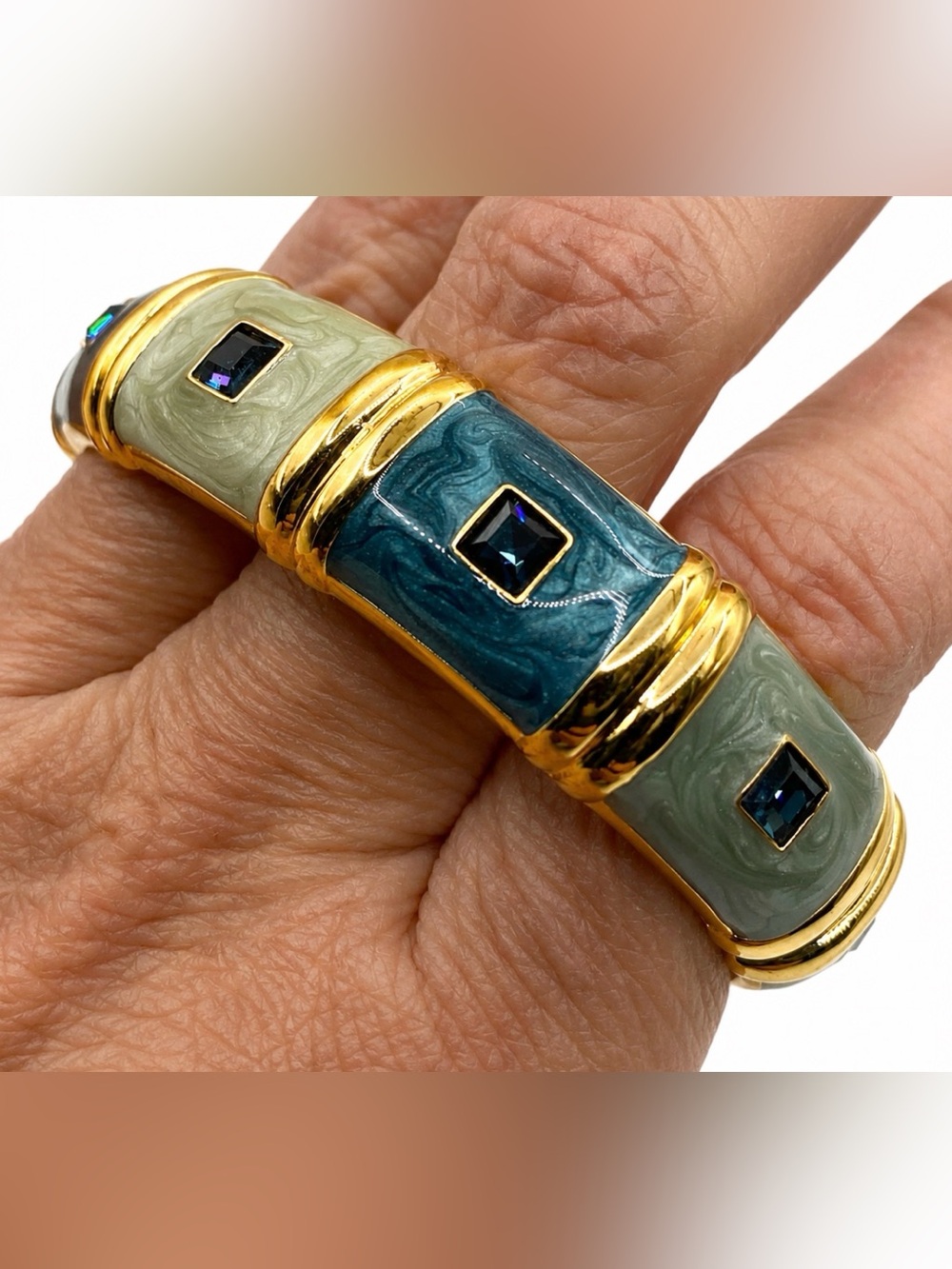 Nolan Miller Signed Bangle Bracelet Rhinestone w/Blue Enamel Glamour Collection